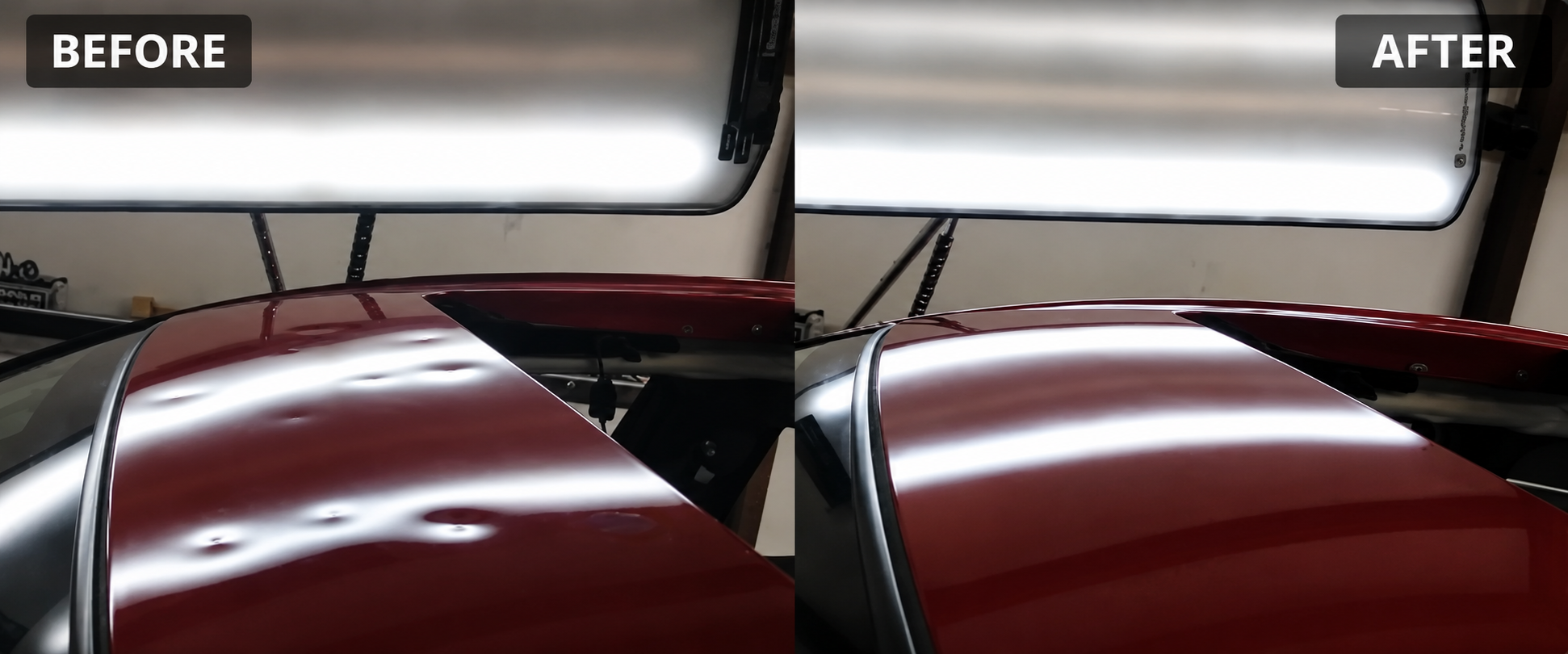 Hail-damaged car roof before and after paintless dent repair