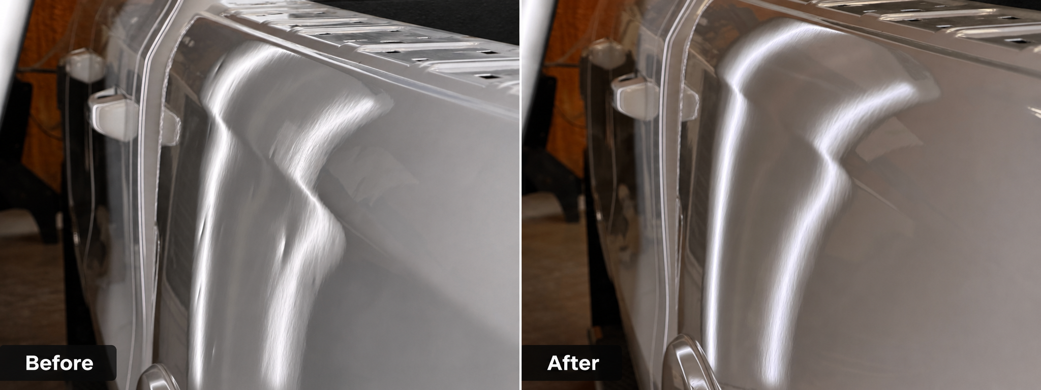 Hail damage on a Ram bedside, before and after paintless dent repair in Denton County