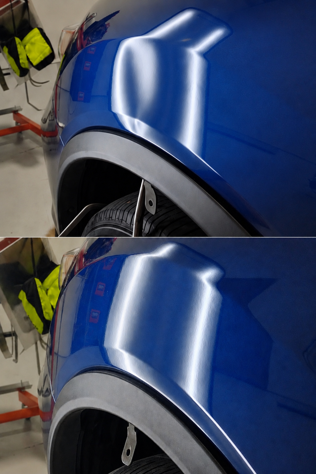 Fender with a large hail dent before and after paintless dent repair in Denton County