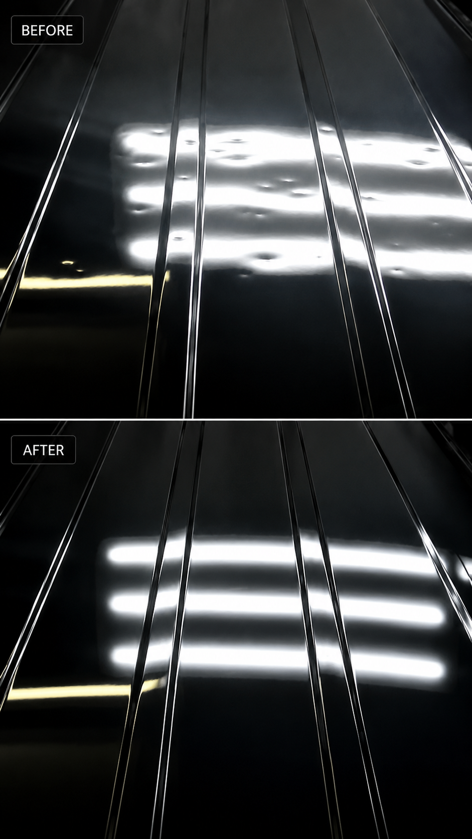 Hail dents in the reflection on an Escalade panel, before and after paintless dent repair
